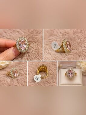 Pink Gemstone Halo Statement Ring Gold Tone Size 9 Sparkly Cocktail Ring